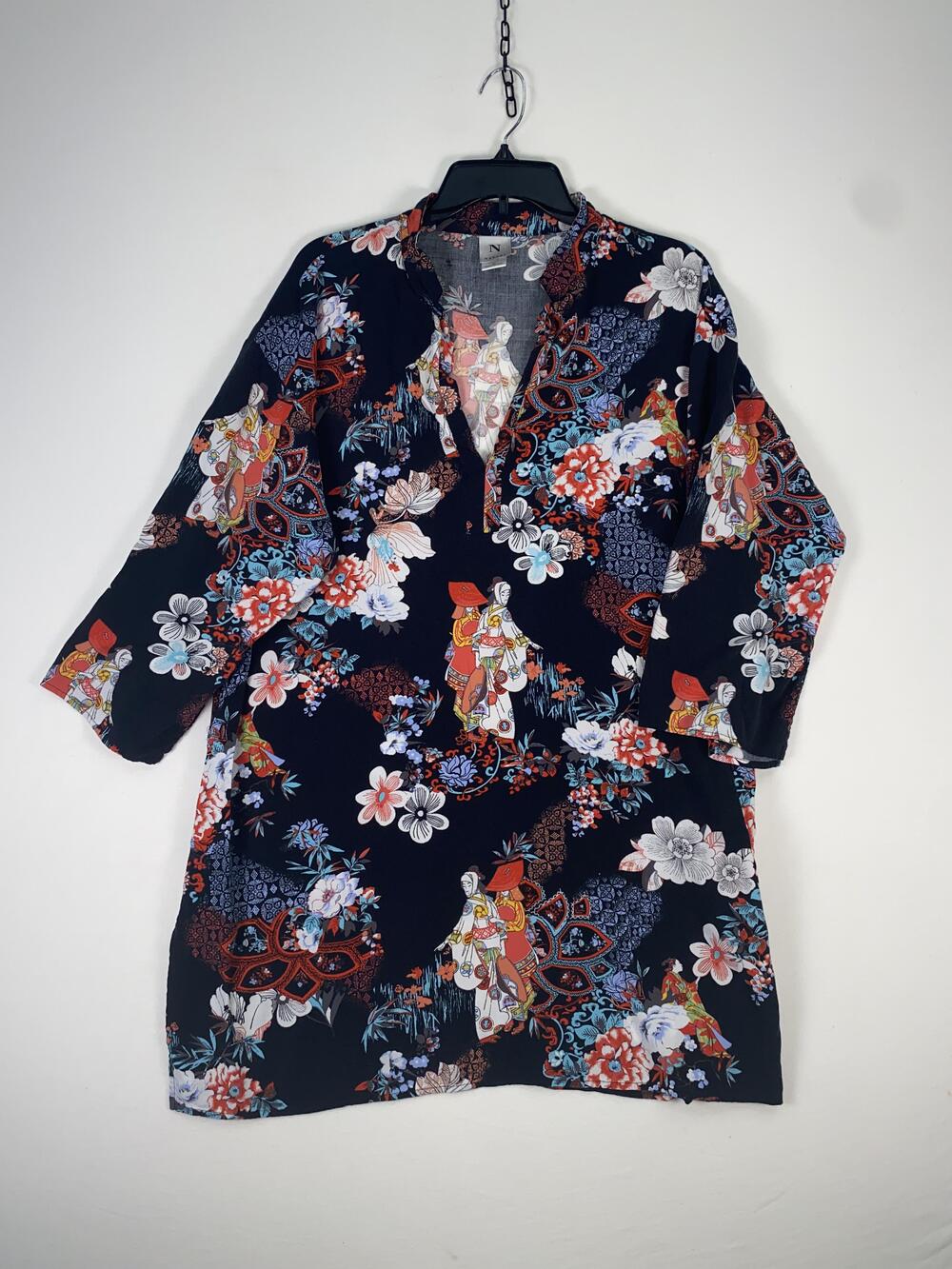 Natori Blouse Womens XL Multicolor Floral 3/4 Kimono Sleeve V Neck Tunic Top